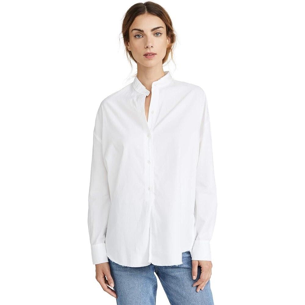 Vince Womens Raw Edge Oversized Long Sleeve Blouse in Optic White Sz L | Neutral